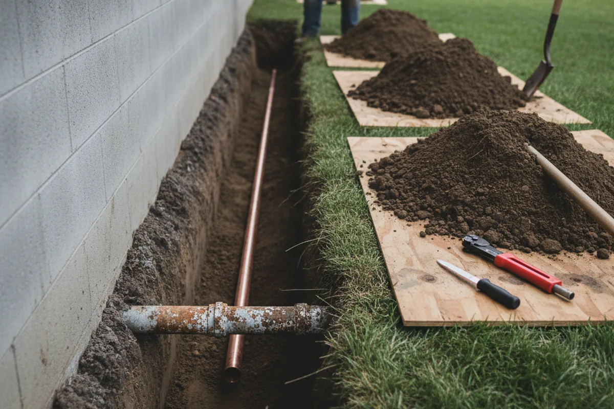 Excavated water line trench during Water Softener Installation in Freistatt
